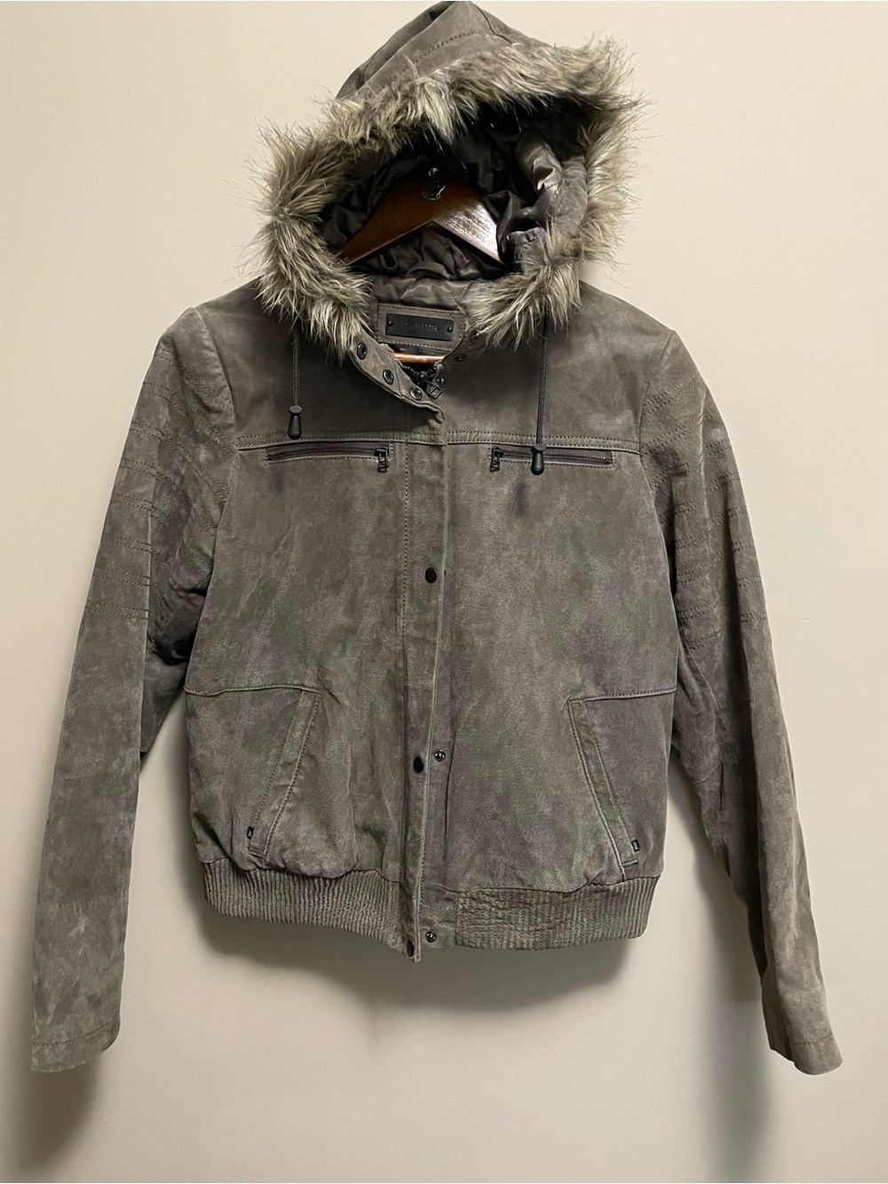Danier Brown Leather Suede Bomber Jacket with Faux-Fur Hood Women’s Medium